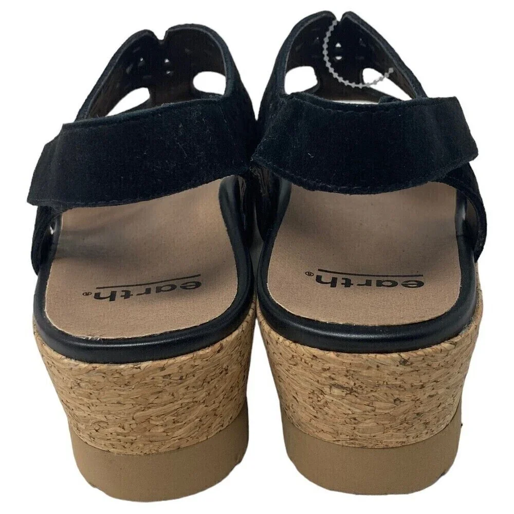 NEW Earth Buran Rosa Women's Size 9.5 Black Suede Leather Wedge Sandals  Shoes